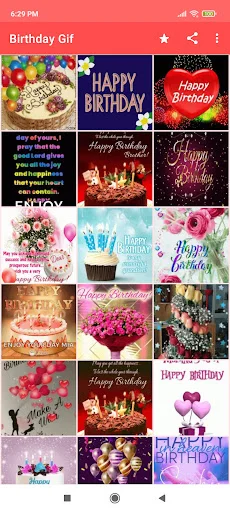 Large gallery of decorative birthday GIFs featuring elegant flowers, candles, neon effects and celebration themes