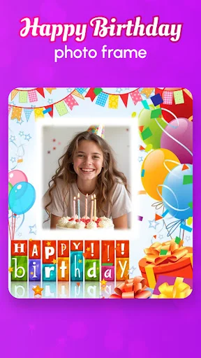 Happy Birthday Photo Frame app home screen showing photo with colorful birthday decorations, balloons, and cake frame