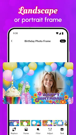 Birthday Photo Frame app interface with landscape/portrait options and editing tools: Replace, Frame, Filter, Adjust, Text