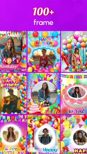 Gallery view displaying 100+ birthday photo frame templates with colorful balloons, cakes, and celebration designs
