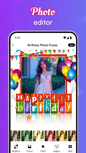 Photo editor screen showing birthday frame with filter options and Happy Birthday text decoration on image
