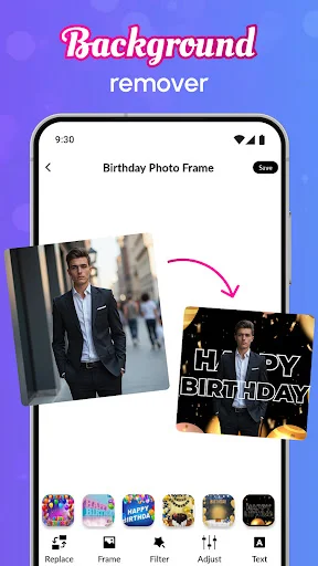 Background remover tool demonstrating photo cutout feature with birthday frame templates in Happy Birthday app