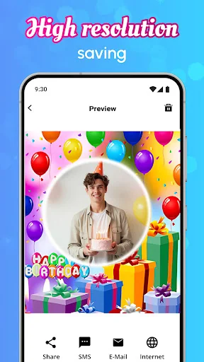 High resolution save preview with sharing options: Share, SMS, E-Mail, Internet for birthday photo frame creation