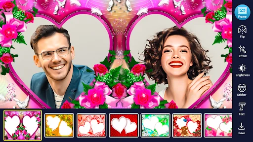 Dual heart photo frame editor with romantic pink floral border and frame style selection carousel