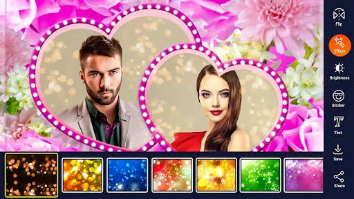 Love photo frame with dotted heart borders and background effect options including bokeh and color filters