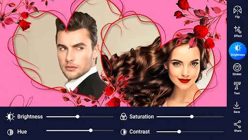 Couple photo frame editor with image adjustment sliders for brightness, saturation, hue and contrast