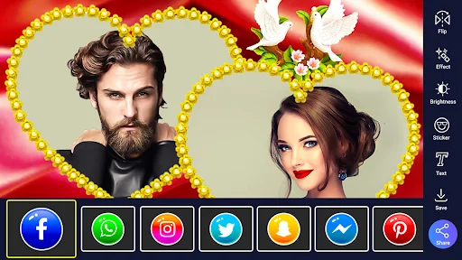 Heart-shaped photo frame with social media sharing buttons for Facebook, Instagram, WhatsApp and more