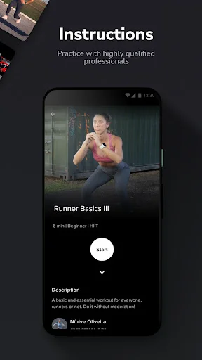 HIIT workout instruction screen showing Runner Basics III video tutorial with Start button and trainer profile