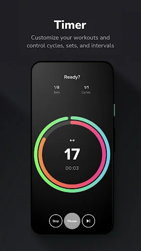 Interval timer screen with colorful circular countdown display showing customizable HIIT workout controls