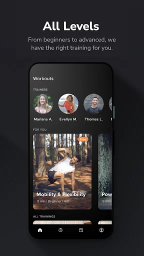 HIIT workout library showing trainers and exercise programs from beginner to advanced levels