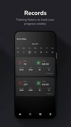 Workout records screen displaying activity calendar and training progress statistics tracker