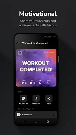 Workout completed celebration screen with social sharing options and achievement stats display