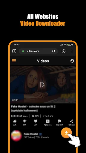 Hub Video Downloader app showing download button on video player for offline viewing from any website