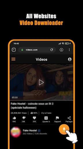Video downloader app interface displaying download feature on video streaming website
