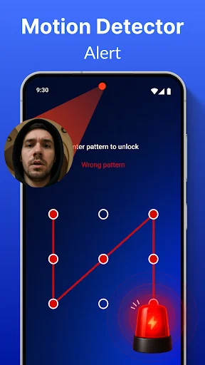 Motion detector alert screen capturing intruder selfie after wrong unlock pattern attempt on security alarm app