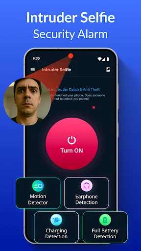 Intruder Selfie security alarm app main screen with motion, earphone, charging, and battery detection features