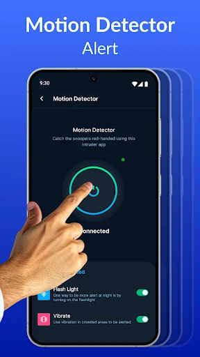 Motion detector alert settings with flash light and vibrate options for phone security protection