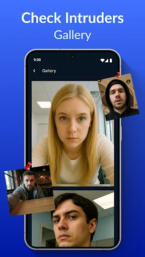 Gallery view showing captured intruder selfies from failed unlock attempts in security camera app