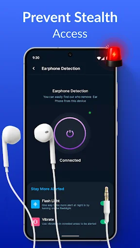Earphone detection feature preventing stealth access with flash light and vibrate alert settings