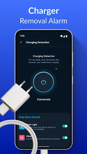 Charger removal alarm detection screen with flash light and vibrate alerts for phone security