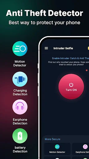 Anti-theft detector overview displaying motion, charging, earphone, and battery detection modes