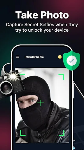 Intruder selfie capture feature photographing masked person attempting to unlock device