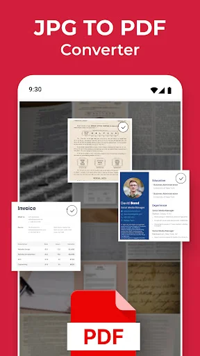 JPG to PDF Converter app home screen showing document previews with PDF conversion icon