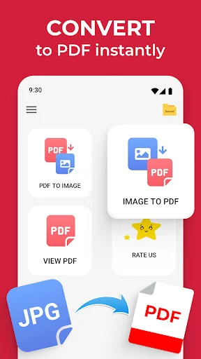 Convert to PDF instantly screen with Image to PDF, PDF to Image, and View PDF menu options
