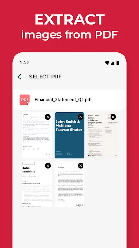 Extract images from PDF feature showing Financial Statement PDF file with page thumbnails