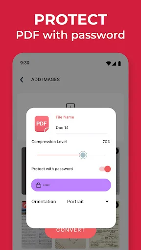 Protect PDF with password screen displaying compression level slider and orientation settings