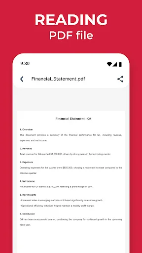 Reading PDF file viewer displaying Financial Statement document content in app