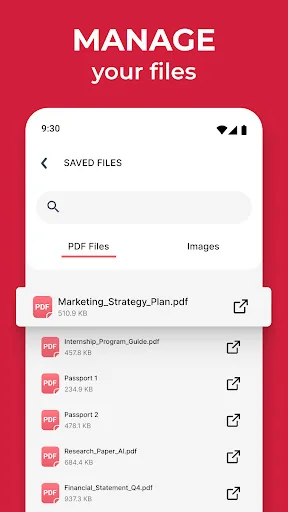 Manage your files screen showing saved PDF files list with file sizes and open icons