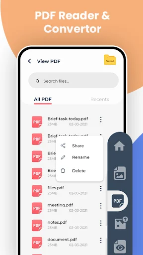 PDF Reader & Converter file management with Share, Rename, and Delete options menu