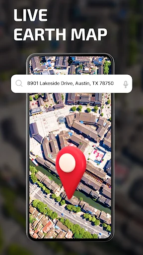 Live Earth Map 3D aerial view with location search bar displaying address and red GPS pin on satellite map