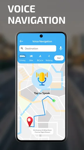 Voice Navigation with destination search, route on map, tap-to-speak microphone control, and start navigation button