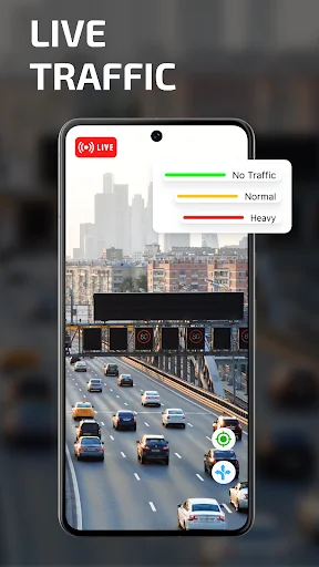 Live Traffic real-time view showing vehicles on road with legend indicating no traffic, normal, and heavy conditions