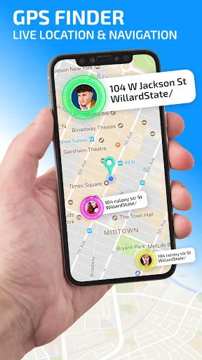 GPS Finder live location app showing user profiles, address, and multiple place markers with directions on map