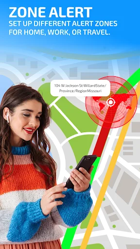 Zone Alert geofence feature with color-coded alert zones setup for different locations like home, work, or travel