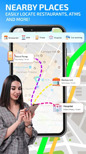 Nearby Places finder showing restaurants, ATMs, hospitals, gas pumps, and locations with directions and distance