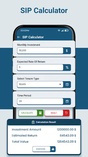 SIP investment calculator with monthly contribution fields showing estimated returns and total investment value