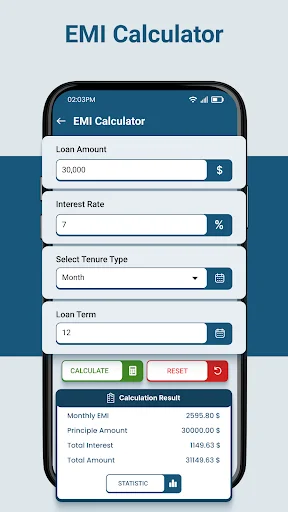 EMI Calculator screen with loan amount, interest rate, tenure and term input fields displaying monthly EMI calculation results