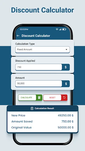 Discount Calculator interface showing fixed amount calculation with discount applied, amount fields and savings result