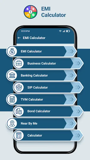 Loan EMI Calculator app home screen with navigation menu for financial calculators including EMI, SIP, and banking tools