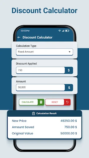 Discount calculator tool showing percentage or fixed amount discount with original price and savings calculation