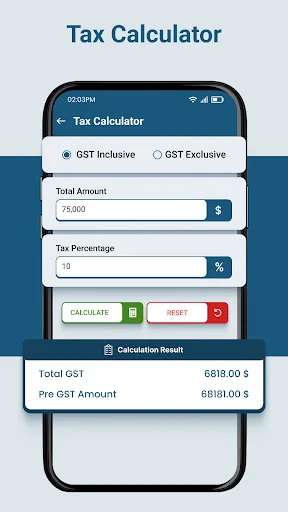 GST tax calculator with inclusive and exclusive tax options displaying total GST and pre-GST amount breakdown