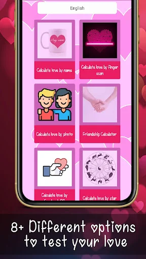 Love Test Calculator app main menu showing 8 different love compatibility test options in grid layout