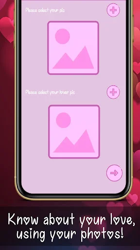 Love calculator photo upload interface with two image placeholders for testing compatibility using photos