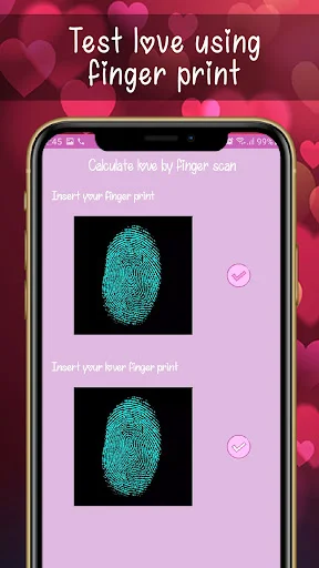 Fingerprint love test feature showing two fingerprint scan inputs for compatibility analysis