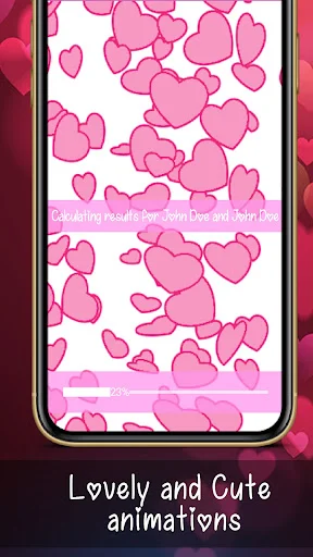 Love Test Calculator animation screen with pink hearts floating showing cute romantic animations