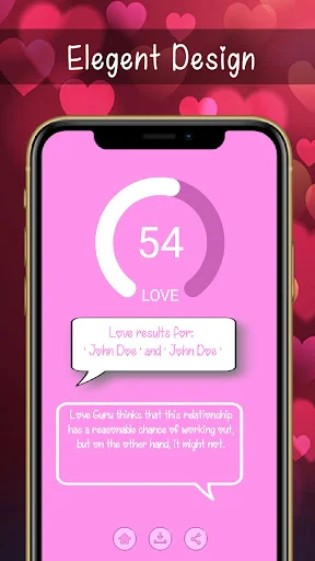 Love compatibility test results showing 54% love score with circular progress indicator and relationship advice